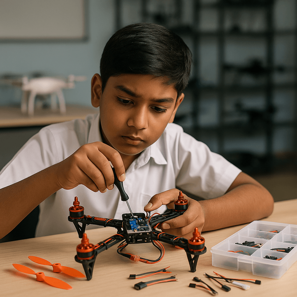 Student working on drone